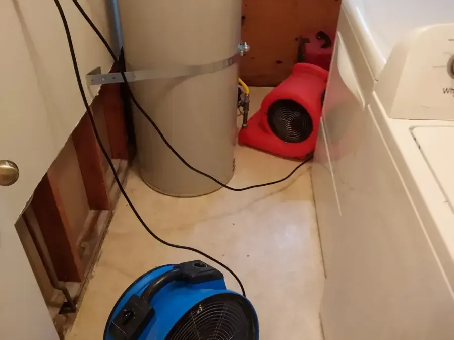 Air movers drying a laundry area where the wall behind the washer was opened