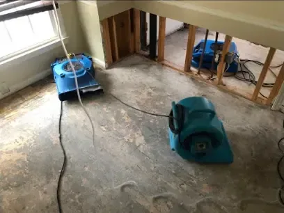 Blue air movers drying wall cavities opened along the lower walls of a room