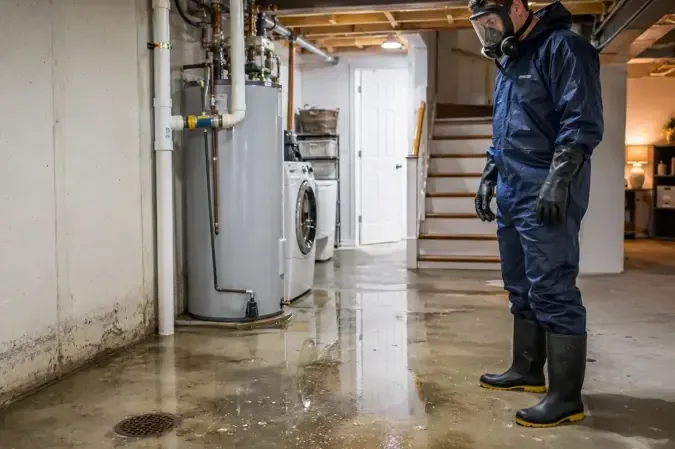 Water pooling on the floor next to a leaking tank water heater